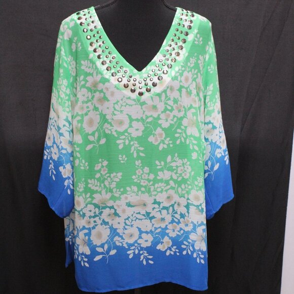 Valerie Stevens Floral Sheer Women's V-Neck Top - Picture 1 of 7